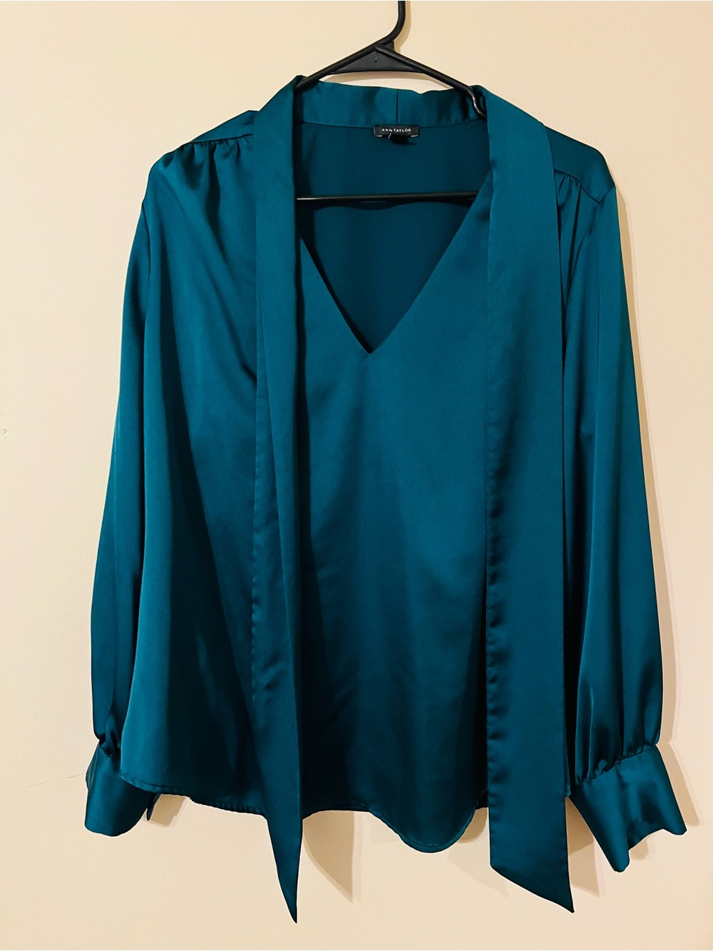 Ann Taylor Teal Satin Tie-Neck Blouse with Long Scarf